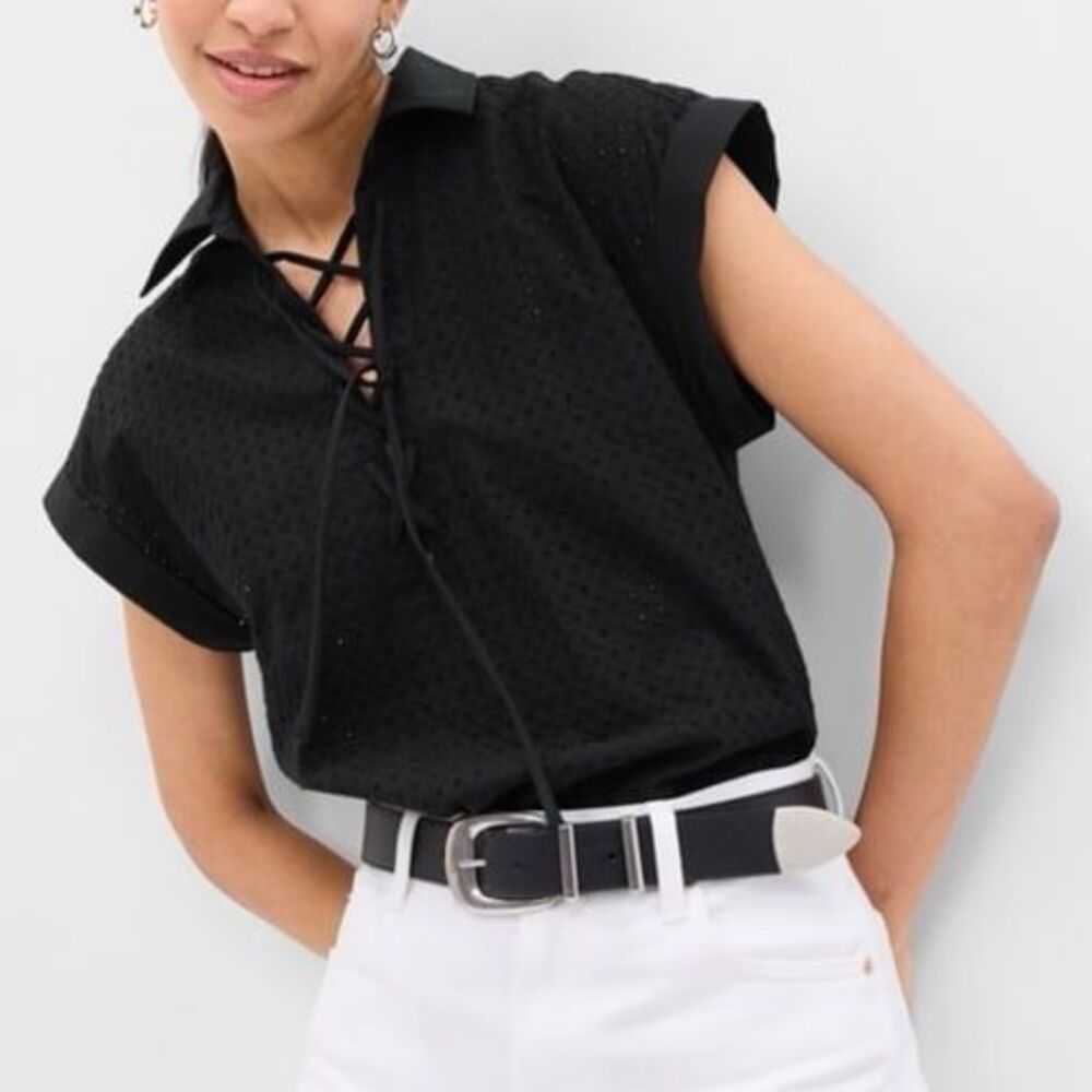 GAP Lace-Up Eyelet Dolman Shirt Black Size XS 665298 NWOT